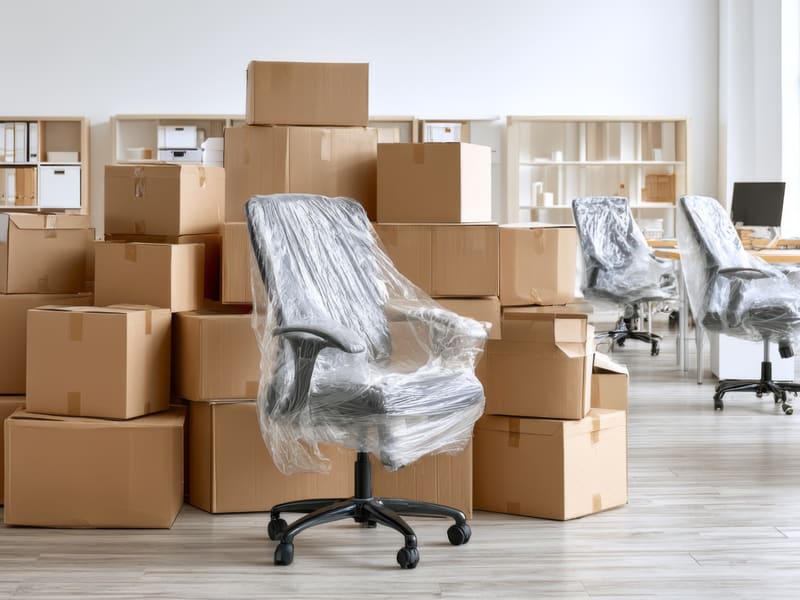 An office cleared for a move, with packed cartons and shrink-wrapped desk chairs