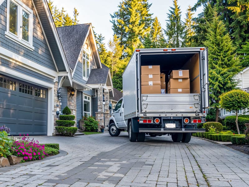 A moving truck with its rear doors open, loaded with stacked cartons, parked in a driveway