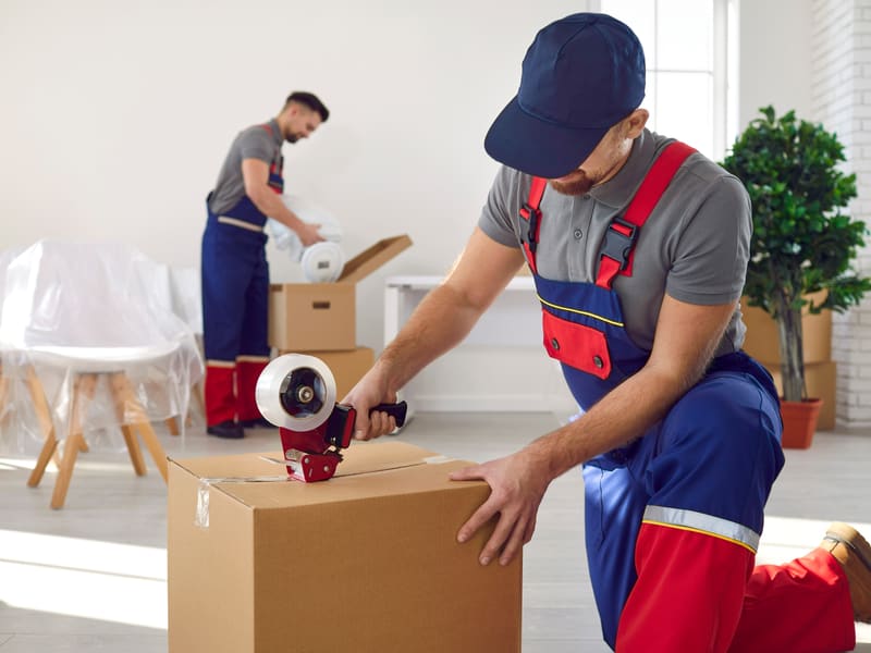 A mover sealing a cardboard carton with a tape gun in a cleared room